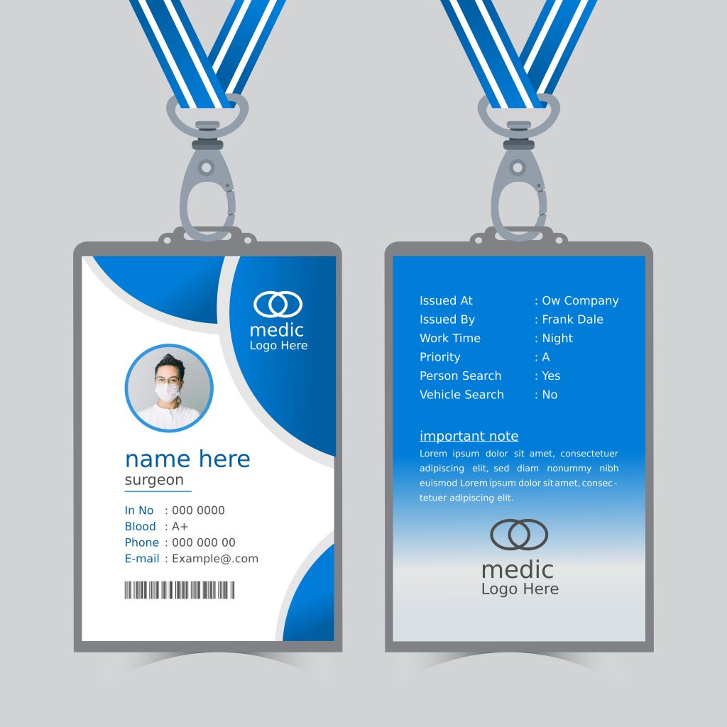 Medical ID badge with lanyard for surgeon.
