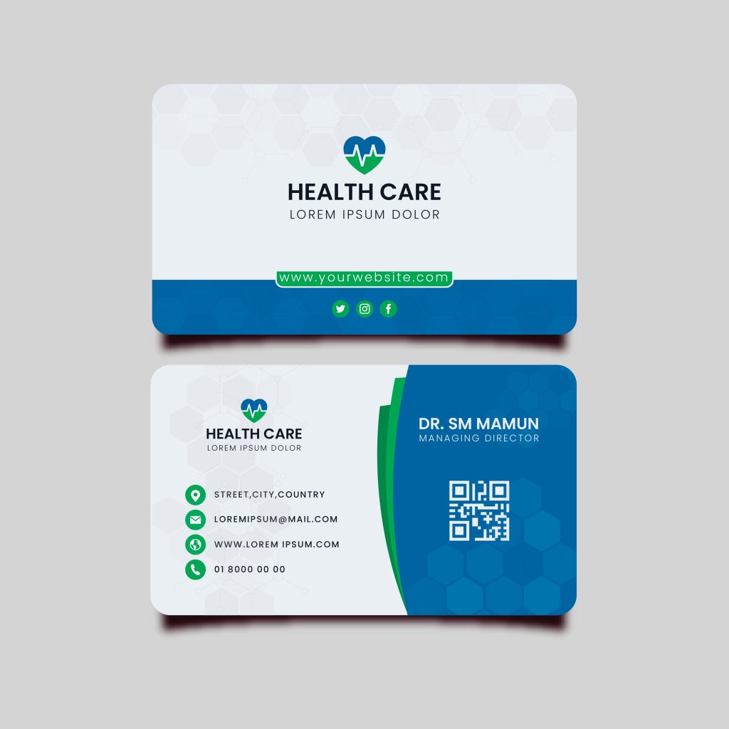 Healthcare business card with contact details.