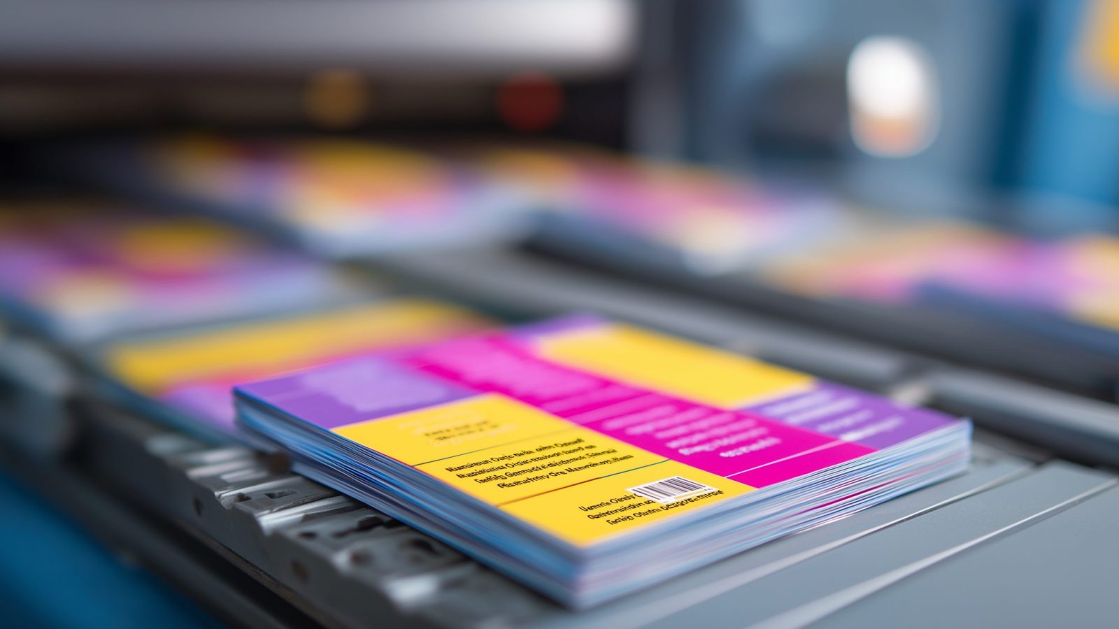 Colorful brochures printed on a machine.