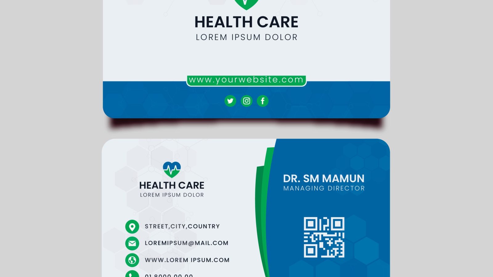 Healthcare business card with contact details.