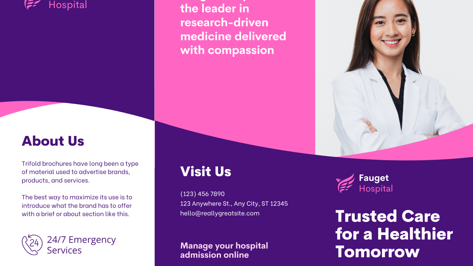 Fauget Hospital brochure with contact and service details.